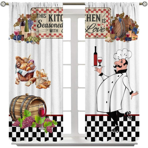 Funny Chef Curtains Rustic Wood Design Wine Red Thermal 1