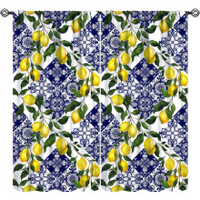 Blue Tile Lemon Curtains Vintage Watercolor Print 55x39 Inch