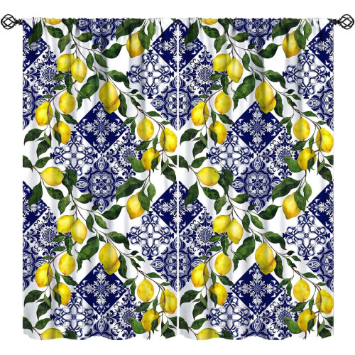 Lemon Leaf Curtains Blue Tile Print 55" W x 39" L