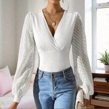 Women's V-Neck Long Sleeve Mesh Blouse with Lantern Sleeves