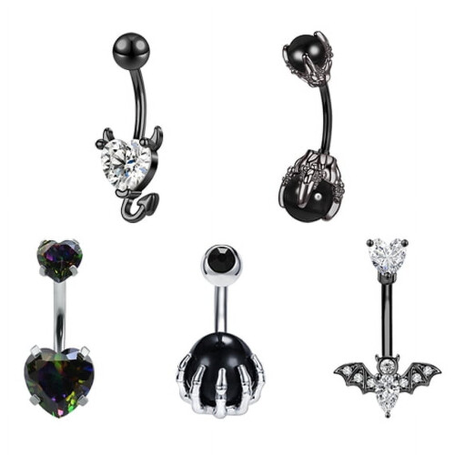 Heart CZ Belly Button Rings Opal Bat Demon 5PCS