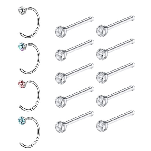 C-Shaped Nose Ring Set with Zirconia 14 Pieces