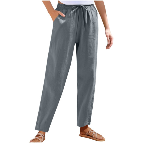 Women's Cotton Linen Pants Solid Color Wide Leg Elastic 2