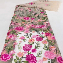 Peony Embroidered Tulle Lace Fabric Pink