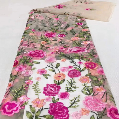 Peony Embroidered Tulle Lace Fabric Pink