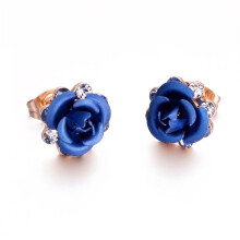Blue Rose Stud Earrings Rose Gold Plated Crystal 1 Pair