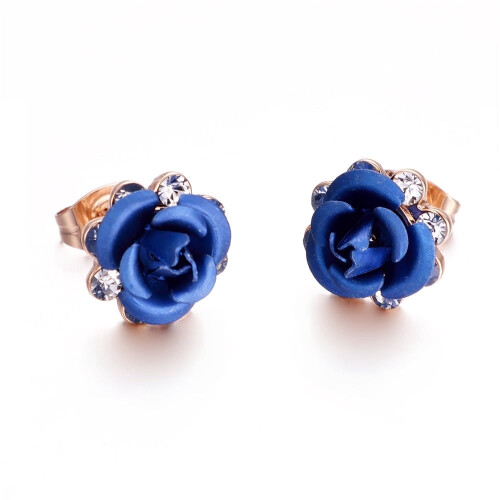 Blue Rose Stud Earrings Rose Gold Plated Crystal 1 Pair