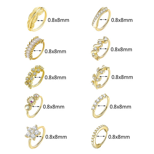 Copper Nose Rings Hoop Set with Flower Leaf Design 10 Pieces 1