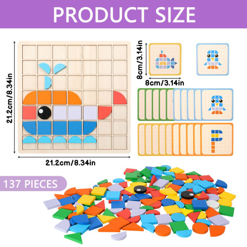 Wooden Pattern Blocks Puzzle Set with 20 Cards and Tray, 1
