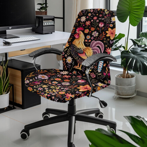 Housse de chaise de bureau extensible et lavable à motif coq et fleurs 1