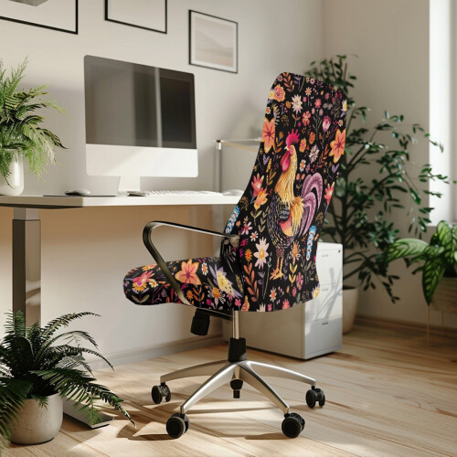 Housse de chaise de bureau extensible et lavable à motif coq et fleurs 2