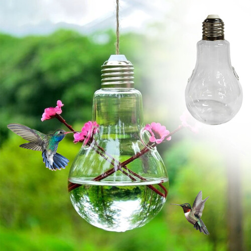 Hand Blown Glass Hummingbird Feeder Light Bulb Shape with 2 1