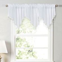 White Floral Sheer Lace Curtain with Scalloped Edges and