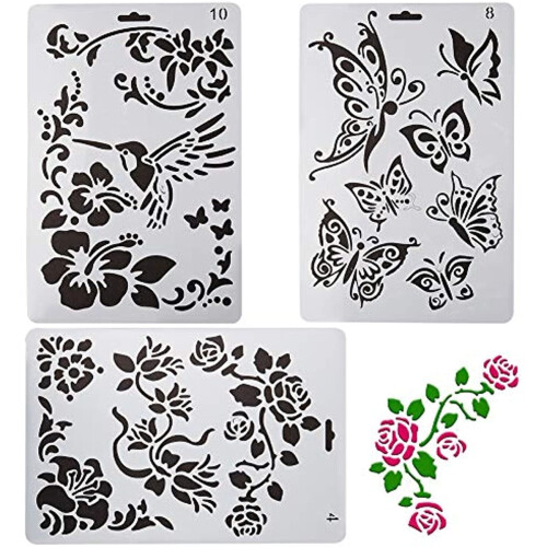 Flower Butterfly Bird Stencil Set Reusable Plastic 3 pcs