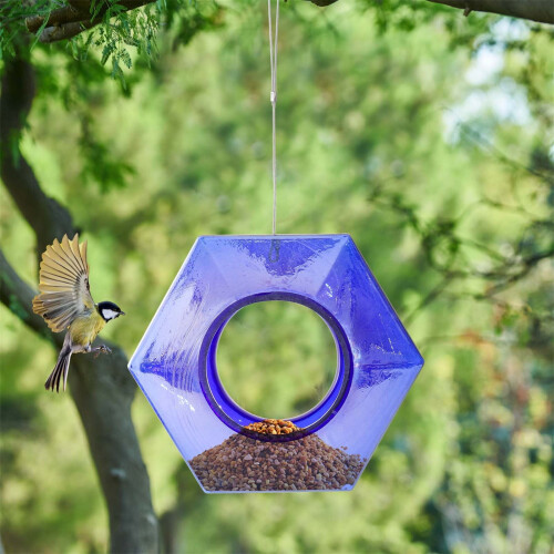 Handmade Glass Bird Feeder Blue Flower Fly-Through Design