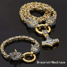 Wolf Spell Necklace and Bracelet Set Nordic Hammer