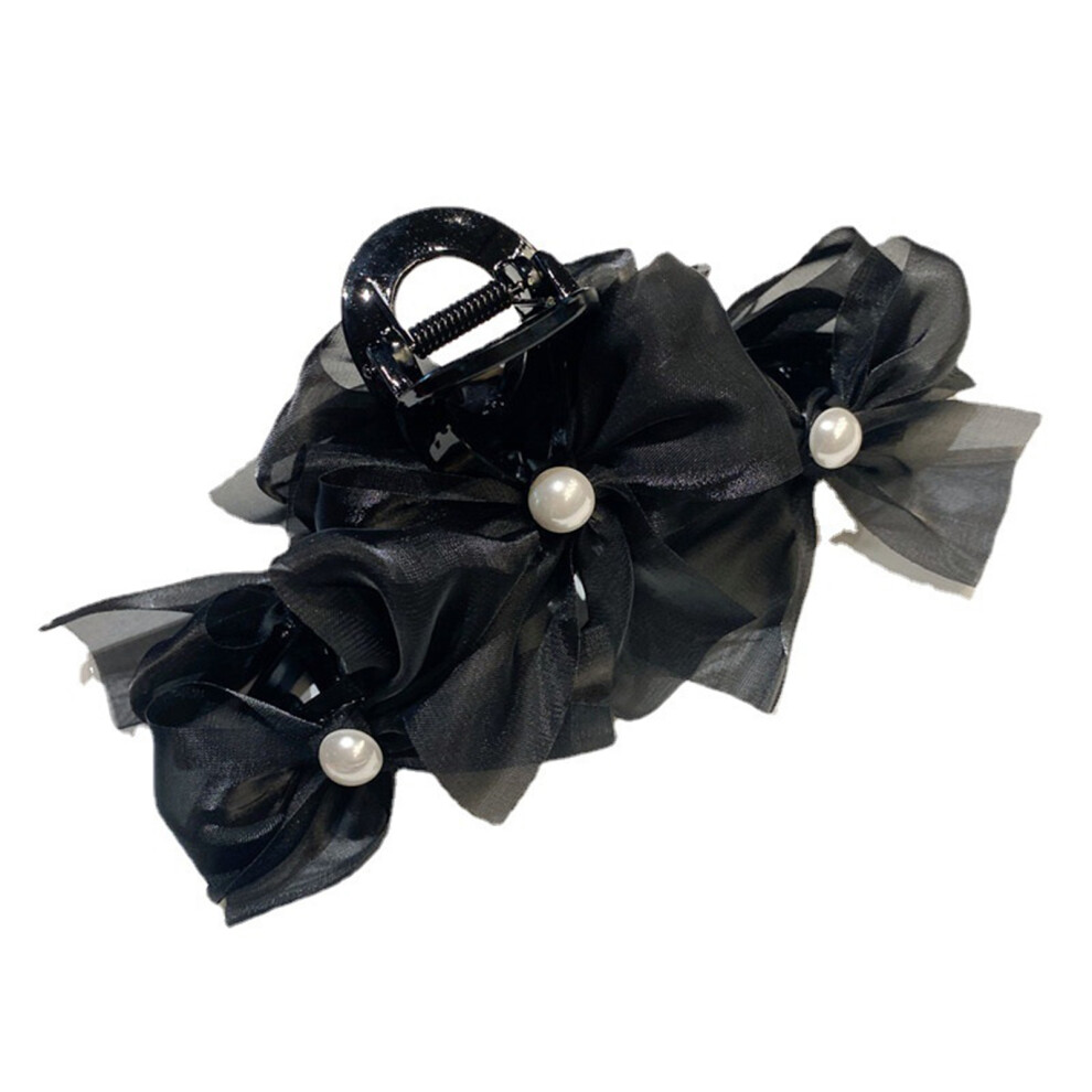 Hair Claw Clip Bowknot Faux Pearl Black Large