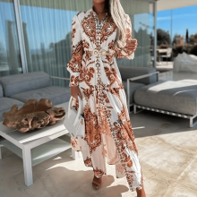 Boho-Maxikleid für Damen mit V-Ausschnitt und Laternenärmeln