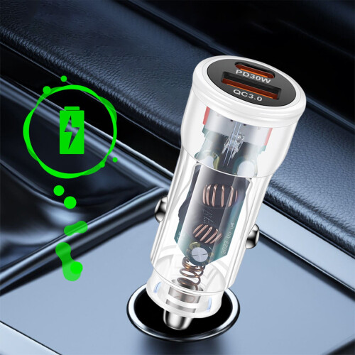 Car Charger USB PD Fast Charging Adapter 12-30V White Blue