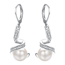 Leverback Pearl Earrings White Gold Plated with CZ Silver