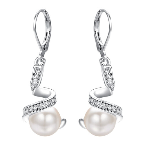 Leverback Pearl Earrings White Gold Plated with CZ Silver