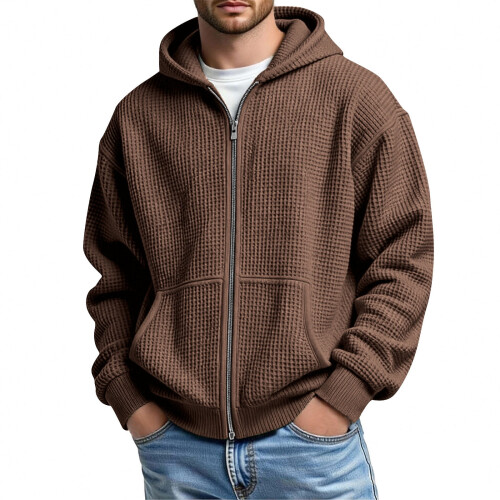 Moletom masculino com capuz, zíper frontal e textura waffle, com bolso canguru. 1