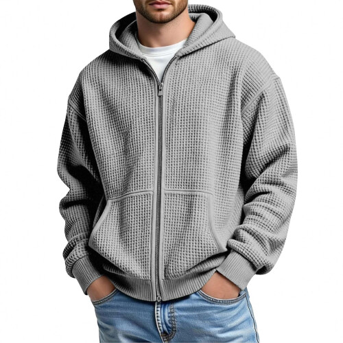 Moletom masculino com capuz, zíper frontal e textura waffle, com bolso canguru. 1
