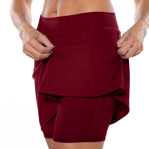 Women's Solid Color Mid-Waist Skorts with Pockets Wine M 2