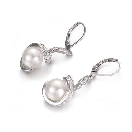 Leverback Pearl Earrings White Gold Plated with CZ Silver 1
