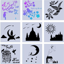 Plastic Drawing Stencils Set Star Moon Birds Tree Flowers 9
