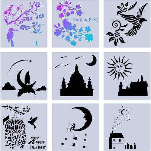 Plastic Drawing Stencils Set Star Moon Birds Tree Flowers 9