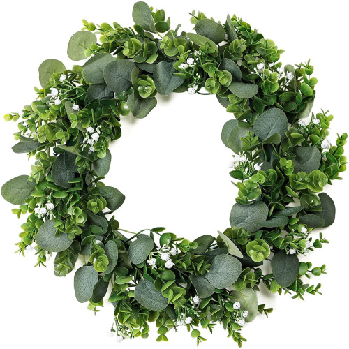 Artificial Eucalyptus Wreath 17 Inch Green with White