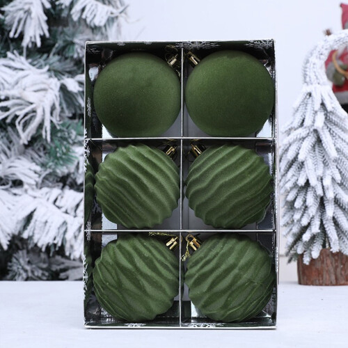 Green Flocked Christmas Tree Ornaments Set 6 Pieces
