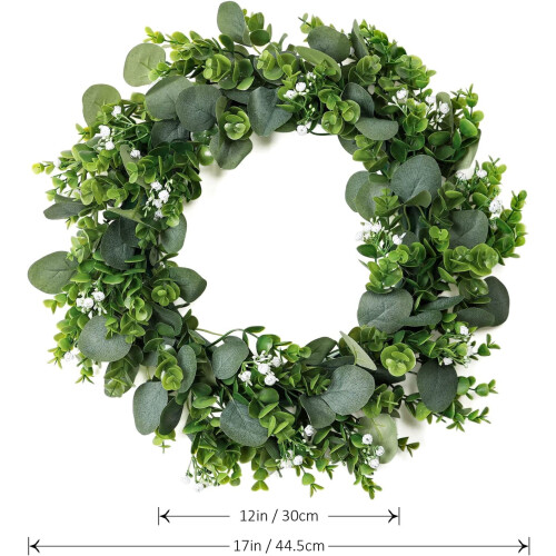 Artificial Eucalyptus Wreath 17 Inch Green with White 2