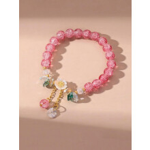 Flower Ball Charm Bracelet Pink Beaded Stretchy