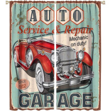 Retro Truck Curtains Red Shabby Green 42x54in 2 Panels