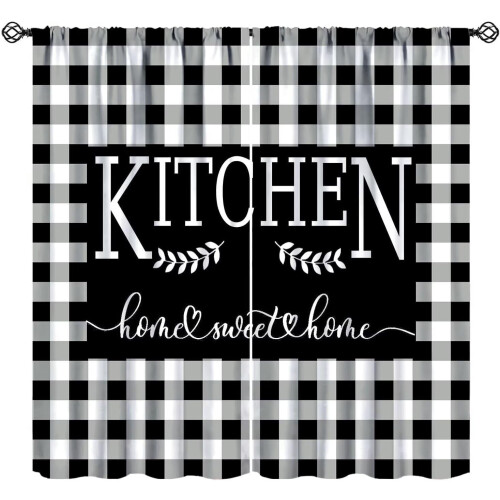 Rustic Kitchen Curtains Black White Buffalo Check 55" W x