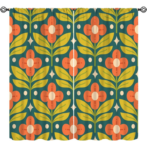 Floral Curtains Retro 70s Geometric Minimalist 2 Panels