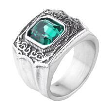 Stainless Steel Gothic Punk Ring with Green Zirconia Silver