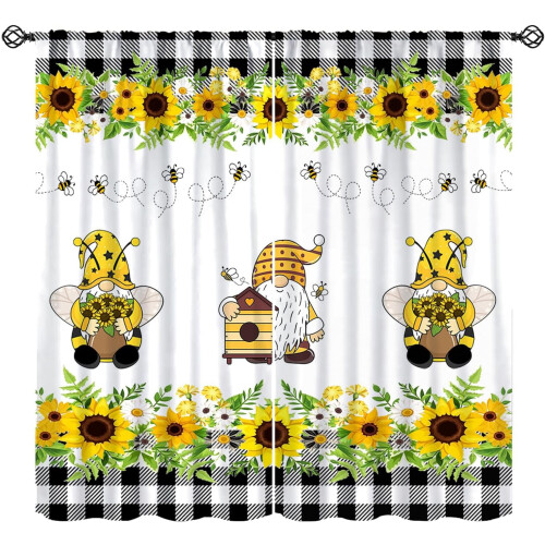 Sunflower Black White Scottish Grid Bee Curtains 2 Panels