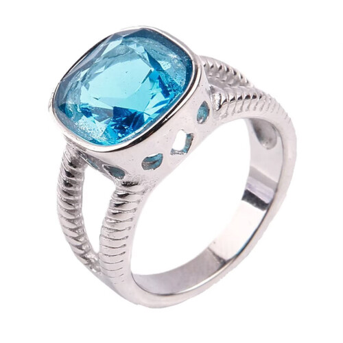 Stainless Steel Square Cubic Zirconia Ring Silver Lake Blue
