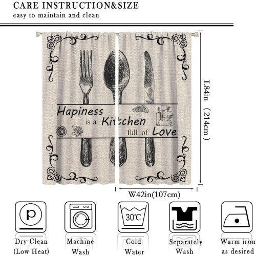 Farmhouse Kitchen Curtains Vintage Fork Spoon Beige Linen 1