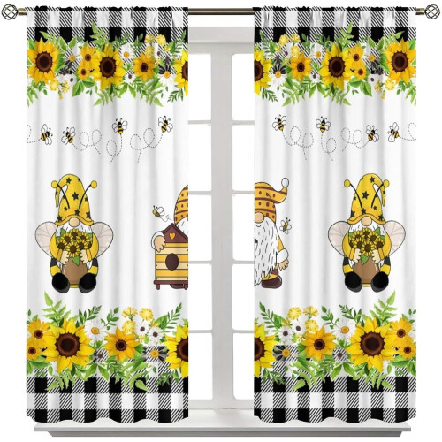 Sunflower Black White Scottish Grid Bee Curtains 2 Panels 1
