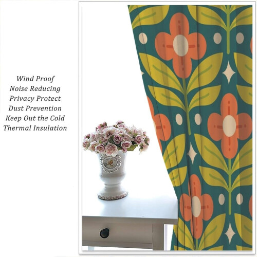 Floral Curtains Retro 70s Geometric Minimalist 2 Panels 2