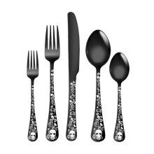 Black Stainless Steel Cutlery Set Gothic Matte Skull Floral