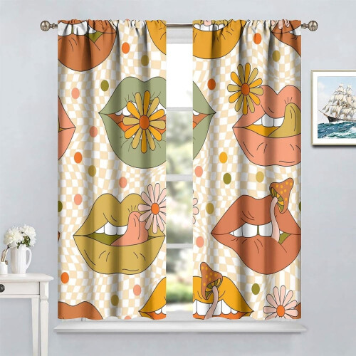 70s Lips Curtains Boho Vintage Orange Checkered 84x84 in 2