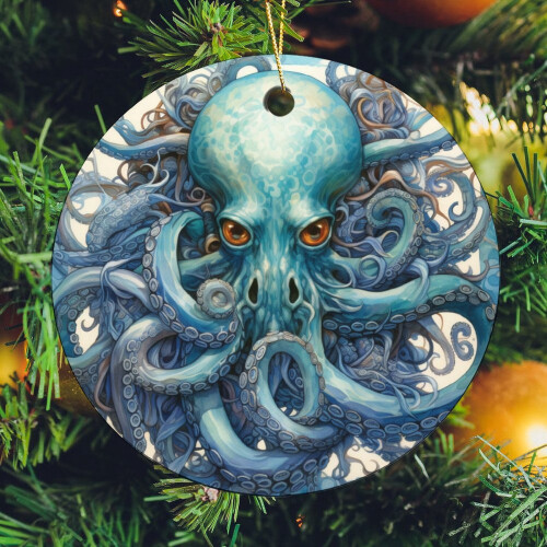 Vintage Blue Octopus Ceramic Ornament 3 inch 1