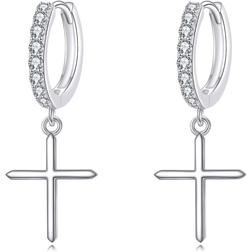 Sterling Silver Cross Drop Earrings with Moissanite for