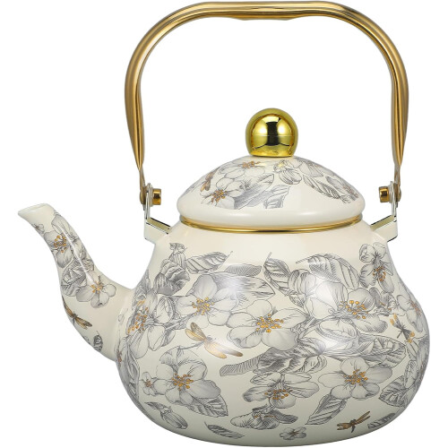 Vintage enamel tea kettle floral design 2L steel handle