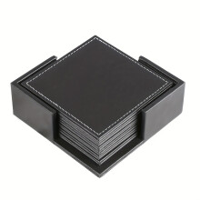 Black Square Coaster Set Faux Leather Heat-Resistant 4-Pack